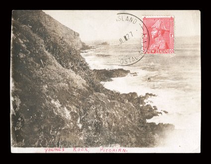 Rare early postcard from Pitcairn Island, sepia toned pre-printed photographic postcard shows coastal scene, labeled Youngs Rock, Pitcairn. in red below, franked on face with
1p New Zealand George V definitive, tied by partial July, 1927, Pitca