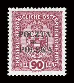 50, 1919 90h Red violet with Cracow overprint, position 47, beautifully centered, deep color and impression, o.g., lightly hinged, choice very fine a premium mint example of
this scarce stamp only 1,300 were printed signed several times and a