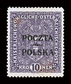 55, 1919 10K Deep violet with Cracow overprint, position 20 Form B, especially well centered, strong rich color, o.g., lightly hinged, minor toned spot at top left, otherwise
very fine one of the key rarities of Poland, with only 440 printed s