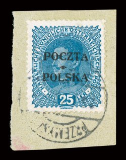 58, 1919 25h Blue with Cracow overprint, tied to piece by Przemysl c.d.s., exceptionally well centered, bright color on fresh paper, very fine only 1,100 printed 1990 PF
certificate (Michel 36 Ç1,500).