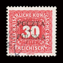 J6, 1919 30h Rose red postage due with Cracow overprint, position 41, rarely seen used example, bright color, light c.d.s. postmark, very fine only 270 printed signed Mikulski
and accompanied by a 1994 Kronenberg certificate (Michel P6 Ç2,00