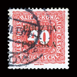 J7, 1919 40h Rose red postage due with Cracow overprint, used, fresh color, c.d.s. postmark, very fine only 1,000 printed signed H. Bloch (Michel 7 Ç500).