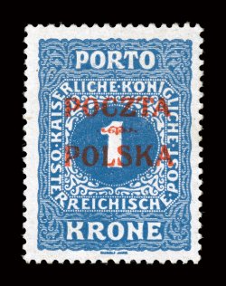 J8, 1919 1K Ultramarine postage due with Cracow overprint, a premium mint example of this postage due rarity, possessing stunning color that is incredibly deep and prooflike,
razor-sharp impression on brilliantly white paper, excellent centering