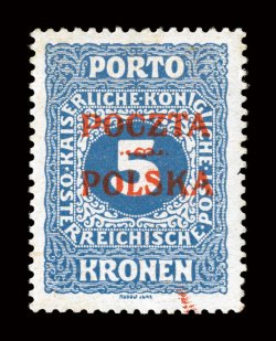 J9, 1919 5K Ultramarine postage due with Cracow overprint, exceedingly well centered, strong fresh color, o.g., trivial h.r., very fine a very rare and undercataloged stamp,
as only 80 were printed signed a couple times and accompanied by