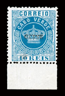 4, 1881 40r Blue, without gum as issued, bottom sheet-margin single, slight excess overprint ink at bottom, exceedingly fresh, fine signed A. Brun and accompanied by a clear
1993 PF certificate the Scott catalog value is for a stamp with small