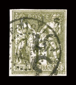7 var., 1885 25c on 1Fr Bronze green on straw, 25 vertical and S.P.M. inverted, impressive used example of this rare combination of varieties, which also happens to show
doubling of the 25, full even margins all around, rich color, c.d