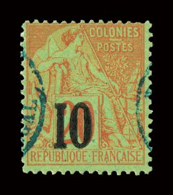 16, 1887 10 Surcharge on 20c Red on green, used example of this rarity, brilliantly rich colors, light unobtrusive blue c.d.s. cancels, fresh and fine 1984 PF certificate
(Yvert 4g Ç4,500).