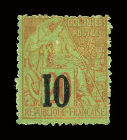 16, 1887 10 Surcharge on 20c Red on green, fresh color, o.g., small crease and a tiny facial scrape, fine appearance a rare stamp which is seldom offered in any condition
signed Calves ex-Gibralter (Yvert 4g Ç4,500).