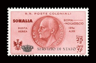 CBO1, 1934 25L + 2L Air post, with Servizio di Stato overprint, quite fresh, o.g., lightly hinged, very fine signed E. Diena and accompanied by a photocopy of his 1982
certificate (Sassone 1 Ç3,500).