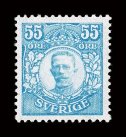 90, 92, 1918 55ö Pale blue and 80ö Black King Gustav V, the two key rarities of the set, both quite fresh and well centered, o.g., relatively lightly hinged, very fine (Facit
92, 94 SK 30,000).