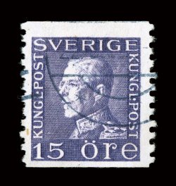 189, 1922 15ö Violet, perf. 10 vert., watermarked wavy lines, fresh used example of this elusive stamp, deep rich color, lightly cancelled, very fine 1993 PF certificate
(Facit 175cx SK 8,500).