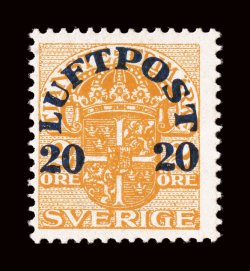 C4, 1920 20ö Air Post surcharge on 2ö Orange, watermarked crown, bright fresh color, centered a bit to the left as are all genuine examples, o.g., small insignificant natural
gum crease, fine only one sheet of 100 stamps was printed on the wate