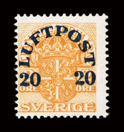 C4, 1920 20ö Air post surcharge on 2ö Orange, watermarked crown, centered to the left as are all known genuine examples of this air post rarity, bright color, o.g., lightly
hinged, fine only 100 stamps printed signed Livingston and accompa