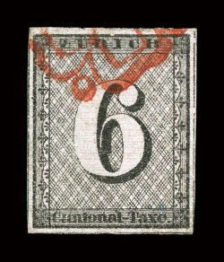 1L4, 1846 6r Black Zurich cantonal, horizontal red lines, type V, position 45, four full margins, strong impression, bright red rosette cancel, light diagonal crease,
otherwise very fine signed E. Diena, Fulpius and accompanied by a 2002 Sismon
