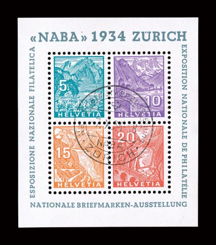 226, 1934 NABA souvenir sheet of four, fresh used sheet, with neat centrally struck exhibition cancel, very fine.