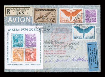 226, 1934 NABA souvenir sheet of four, tied by 5.10.34 exhibition cancels on flown cover to Brazil, along with three air posts and 10c Definitive, Stuttgart and Rio de Janeiro
backstamps, fresh and very fine the NABA souvenir sheet is not often