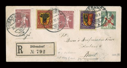 B10-11, C2, 1918 Semi-postal set and 1919 50c Air post, tied with two 2 12c William Tell by Dubendorf 30.IV.19 c.d.s. postmarks, which is the first day for C2, on small
registered cover to Basel (backstamped), a very fine and colorful us