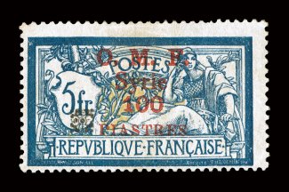 72, 1920 100P on 5Fr Dark blue and buff, with black fleuron ovpt., strong color, o.g., h.r., pinpoint thin speck, otherwise a fine example of this very scarce high value
signed A. Brun ex-Gibralter (Yvert 56A Ç2,800).