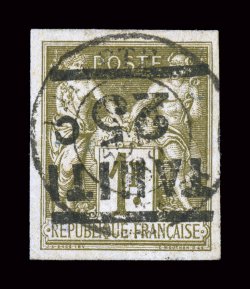 4a, 1884 25c on 1Fr Bronze green on straw, inverted surcharge, handsome used example, large margins all around, strong rich color, light c.d.s. postmark, very fine signed
Calves (Yvert 6 Ç750).