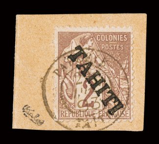 6, 1893 2c Brown on buff, with diagonal Tahiti ovpt., tied to piece by full Papeete c.d.s., fresh color, very fine only 100 issued signed Calves (Yvert 8
Ç2,700).