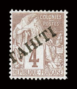 7, 1893 4c Claret on lavender, with diagonal Tahiti ovpt., unusually well centered, lovely fresh color, o.g., h.r., very fine a highly desirable example of this scarce stamp
signed Calves and others, and accompanied by a 1983 Friedl certific