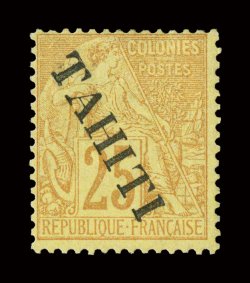 12, 1893 25c Yellow on straw, with diagonal Tahiti ovpt., centered to the top as are all known examples, strong rich color, o.g., h.r., fine with only 50 printed, this is a
stamp that is missing form even the most advanced collections si