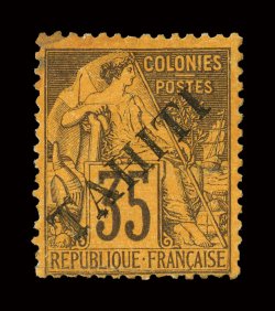 14, 1893 35c Violet on orange, with diagonal Tahiti ovpt., strong color, o.g., h.r., slight stain at top left, otherwise fine only 75 were printed signed Champion and
accompanied by a clear 1984 Friedl certificate (Yvert 16 Ç2,700).