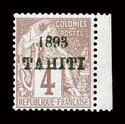 19, 1893 4c Claret on lavender, with 1893Tahiti ovpt., right sheet-margin single, well centered and marvelously fresh, o.g., lightly hinged, very fine an especially rare stamp
in this premium quality signed Bernichon and accompanied by a 19