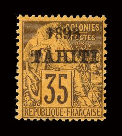 26, 1893 35c Violet on orange, with 1893Tahiti ovpt., brilliantly fresh, part o.g., fine and very scarce signed Roumet, Calves (Yvert 28 Ç2,700).