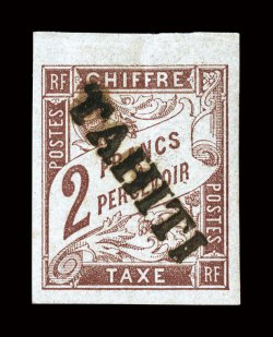 J1-13, 1893 1c-2Fr Postage dues, with diagonal Tahiti overprint cplt., all with four large margins including some with extra-large sheet margins, fresh colors, all with
original gum, a couple minor imperfections, 30c with slight gum soak, most