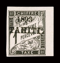 J14, 1893 1c Black postage due, with 1893Tahiti ovpt., right sheet-margin single, other margins full to large, strong color and impression on fresh paper, full o.g., very fine
a handsome example of this rare and key value signed A. Brun (Yv