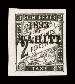 J15, 1893 2c Black postage due, with Tahiti1893 overprint, left sheet-margin single, other margins also large, strong color and impression, o.g, minor h.r., very fine signed
H. Bloch (Yvert TT15 Ç620).