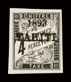 J17, 1893 4c Black postage due, with 1893Tahiti overprint, four large margins, deep color and impression, large part o.g., very fine signed Calves (Yvert TT17
Ç620).