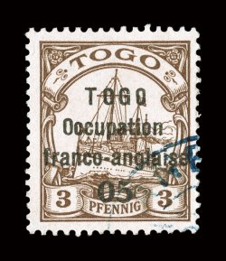 164, 1915 5c on 3pf Brown, second setting, an extraordinary quality used example of this rarity, being exceedingly well centered, rich luxuriant color and a highly detailed
impression, light blue cancel confined to the bottom right, extremely fi