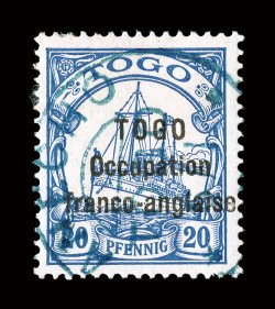 167, 1915 20pf Ultramarine, second setting, incredibly bright and fresh, light blue c.d.s., well centered, very fine a lovely example of this very scarce stamp only 263
printed signed Champion, Calves (Yvert 46 Ç1,200 Michel 11 Ç1,500).