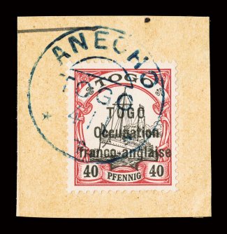 170, 1914 40pf Lake and black, second setting, tied to piece by full blue Anecho c.d.s., excellent centering, marvelously bright and fresh, extremely fine a highly desirable
example of a stamp that is almost never offered at auction, as only