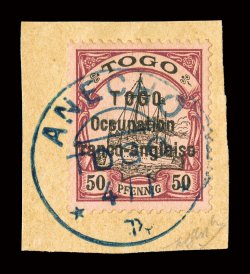 171, 1915 50pf Purple and black on salmon, second setting, tied to piece by full Anecho c.d.s., deep intense colors, exceptionally well centered, extremely fine one of the
rarest stamps in this entire auction, not only because there were a me