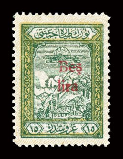 RAC23, 1930 Bes Lira surcharge on 15k Green and yellow postal tax air post, an impressive mint example of this very rare stamp, exceedingly well centered, strong colors, o.g.,
minor h.r., very fine a key stamp for the air post or Turkey colle