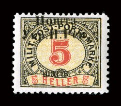 33, 1919 5sh on 5h Black, red and yellow, position 10, a marvelously bright and fresh example of this very rare stamp, vibrant colors on crisp white paper, o.g., lightly
hinged, very fine only 50 printed signed Champion and accompanied by