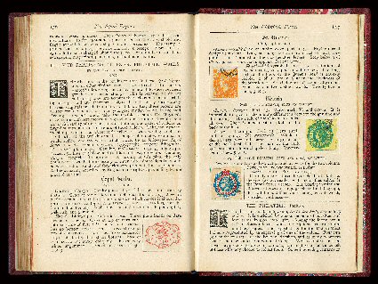 Ten volumes of The Philatelist (1866-76) in fancy part-leather colorful hardcovers, with interesting early philatelic journal articles, advertisements, and, most importantly,
the Spud Papers, which have had actual stamp forgeries (most appe