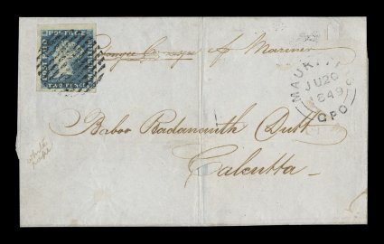 S.G. 5, 1848 2p Deep blue on white paper, Earliest Impression, position 2, a gem example featuring four large and wonderfully balanced margins, outstanding Earliest Impression
showing incredible detail, displaying slight dry sticky print disti