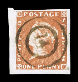 S.G. 7, 1848 1p Orange vermilion on greyish paper, Early Impression, position 2, a lovely used example of this rare and difficult stamp, possessing full to mostly very large
margins all around, stunning color that is incredibly intense and vivid