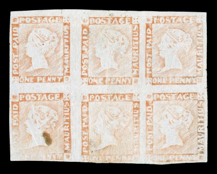 S.G. 23, 1857-59 1p Orange red on bluish paper, Latest Impression, the unique mint block of six, positions 7-12, being the bottom half of the sheet, quite fresh, mostly large
margins all around, bit close at bottom left, bright color, large part