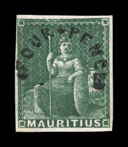S.G. 26, 1858 FOUR-PENCE arched surcharge on Green on bluish paper, large margins nearly all around, just a bit close at top left, deep luxuriant color, large part o.g., very
fine for this scarce stamp signed H. Bloch (Scott 12 $1,150.00).