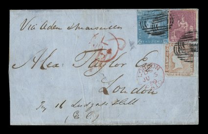 S.G. 37, 1859 2p Blue, Early Impression, Lapirot issue, position 12, used in combination with 1848-59 1p Red brown Post Paid on bluish paper, Worn Impression (S.G. 19 position
2) and 1858-62 (9p) Dull magenta Britannia (S.G. 29), all tied