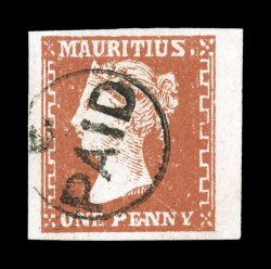 S.G. 42, 1859 1p Dull vermilion on laid paper, Dardenne printing, a lovely used example, possessing large to huge margins all around, including a partial sheet margin at right,
rich vibrant color and impression on bright paper, beautifully cance