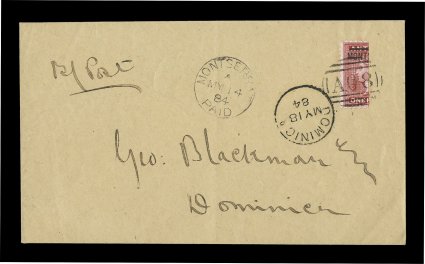 S.G. Footnote after 3, 1883-84 12 Surcharge in red, on vertically bisected 1p Red, left half tied to an immaculate cover by perfect strike of A08 barred oval, with MontserratMy
1484Paid c.d.s., Dominica arrival c.d.s. of May 18th, manu