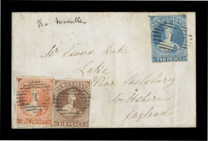 S.G. 8, 9, 14, 1857-63 1p Dull orange, 2p Pale blue and 6p Pale brown, handsome singles of each, all three with ample to large margins all around, tied to petite 1861 cover to
Wiltshire, England by light neat strikes of Auckland barred 1 numer