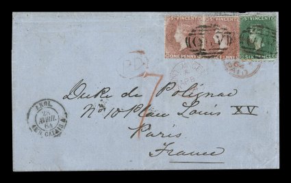 S.G. 1, 4, 1862 1p Rose red and 6p Deep green, rough perf. 14 to 16, horizontal pair of the former and a single of the latter, all tied to a lovely folded cover to Paris,
France by A10 in barred ovals, red Saint VincentAp 864 c.d.s. below,
