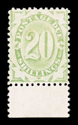 S.G. D44, 1903 20- Dull green postage due, a bottom sheet-margin mint example of this rare stamp, being incredibly well centered, which is almost impossible to find on these
challenging early postage due issues, warm color, o.g. which is just s